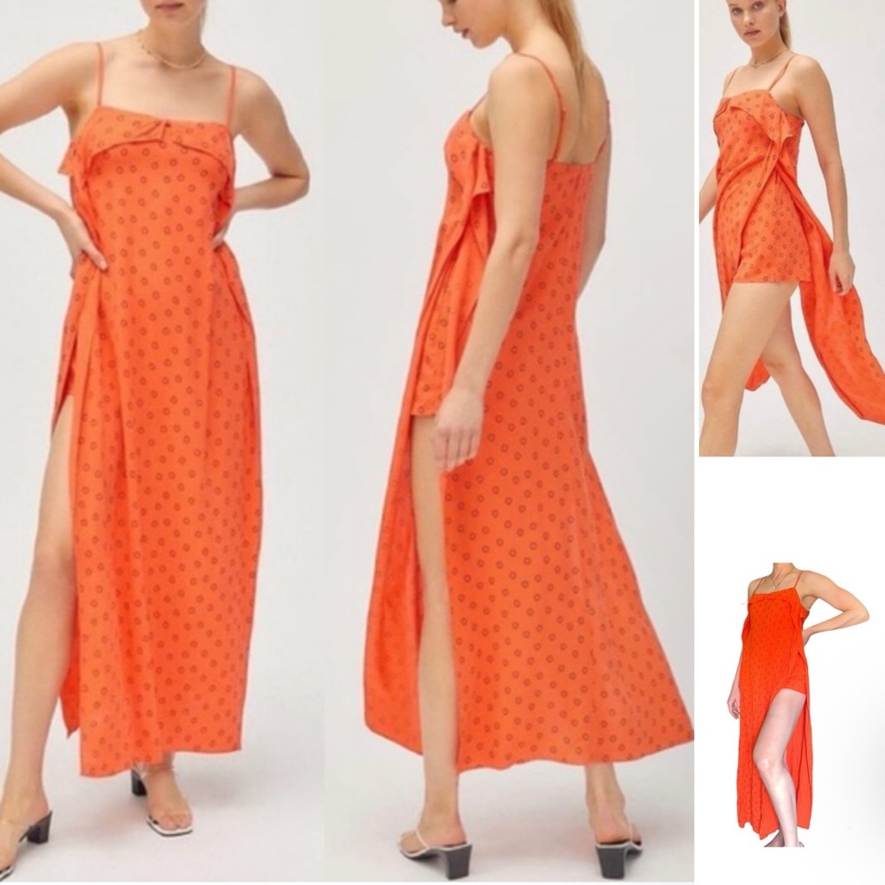Urban Outfitters Ooh La La Printed Side Slit Maxi Romper Orange S floral dress